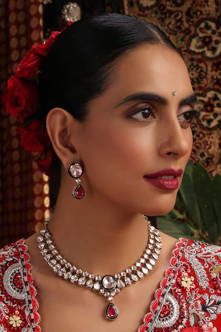 Shop_Swabhimann_Gold Plated Stones Kundan And Ruby Teardrop Necklace Set _Online_at_Aza_Fashions