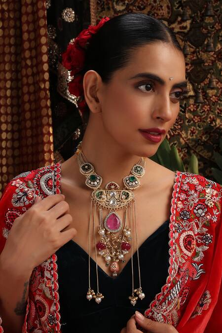 Shop Swabhimann Multi Color Pearls, Stones, Beads Embellished Choker Set Online at Aza Fashions Shop_Swabhimann_Multi Color Pearls, Stones, Beads Embellished Choker Set _Online_at_Aza_Fashions