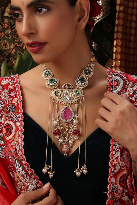 Buy Swabhimann Multi Color Pearls, Stones, Beads Embellished Choker Set Buy_Swabhimann_Multi Color Pearls, Stones, Beads Embellished Choker Set