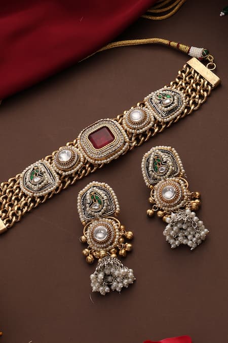 Shop Swabhimann Multi Color Pearls, Stones, Beads Embellished Choker Set Shop_Swabhimann_Multi Color Pearls, Stones, Beads Embellished Choker Set