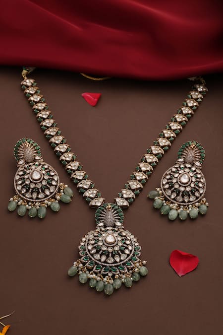 Swabhimann_Green Gemstones, Pearls, Beads Kundan And Stone Necklace Set _Online_at_Aza_Fashions