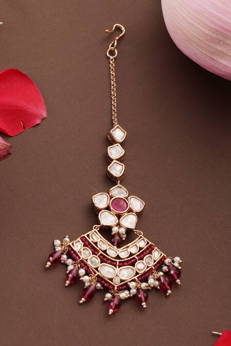 Swabhimann_Red Kundan And Ruby Droplet Maangtikka _Online_at_Aza_Fashions