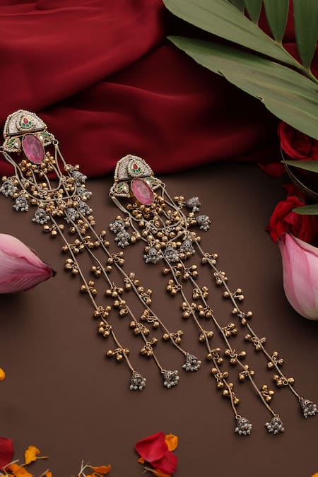 Swabhimann_Gold Plated Beads, Gemstones Pink And Jhumki Dangler Earrings _Online_at_Aza_Fashions