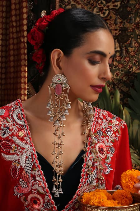 Buy_Swabhimann_Gold Plated Beads, Gemstones Pink And Jhumki Dangler Earrings _Online_at_Aza_Fashions