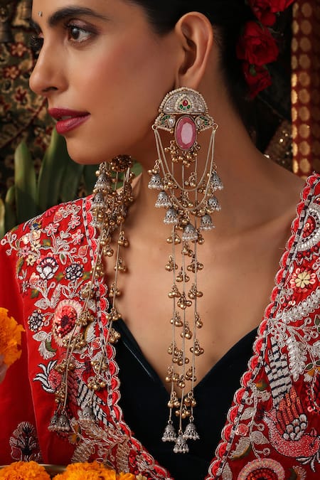 Shop_Swabhimann_Gold Plated Beads, Gemstones Pink And Jhumki Dangler Earrings _Online_at_Aza_Fashions