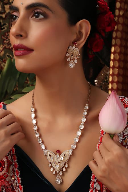 Swabhimann_Multi Color Faux Diamonds, Stones, Beads Kundan And Ruby Embellished Necklace Set _Online_at_Aza_Fashions