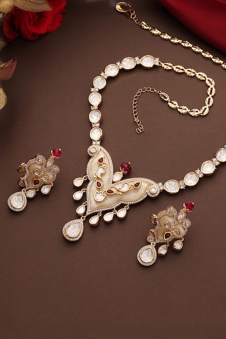 Buy_Swabhimann_Multi Color Faux Diamonds, Stones, Beads Kundan And Ruby Embellished Necklace Set _Online_at_Aza_Fashions