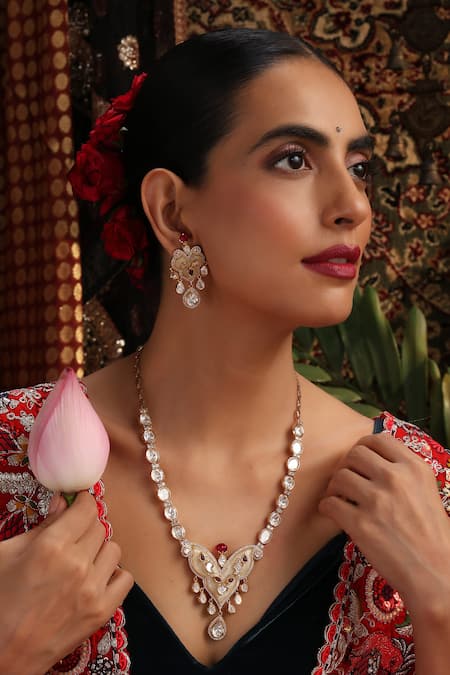 Shop_Swabhimann_Multi Color Faux Diamonds, Stones, Beads Kundan And Ruby Embellished Necklace Set _Online_at_Aza_Fashions