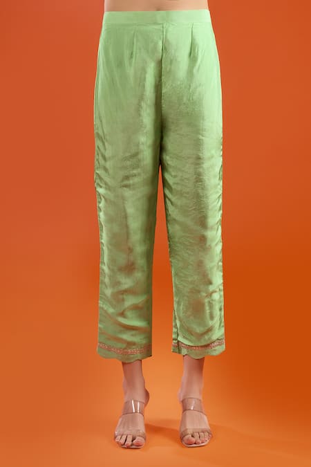 Samyukta Singhania Green Silk Embroidery, Metallic Thread Split V-neck Marodi Kurta Set Online at Aza Fashions Samyukta Singhania_Green Silk Embroidery, Metallic Thread Split V-neck Marodi Kurta Set _Online_at_Aza_Fashions