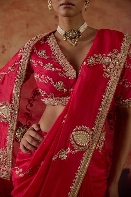 Vinita Bhansali Red Silk Embroidery, Sequins, Zari V-neck Sindoori Saree With Blouse Online at Aza Fashions Vinita Bhansali_Red Silk Embroidery, Sequins, Zari V-neck Sindoori Saree With Blouse _Online_at_Aza_Fashions