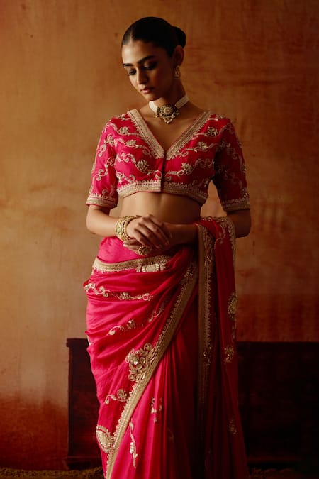 Buy Vinita Bhansali Red Silk Embroidery, Sequins, Zari V-neck Sindoori Saree With Blouse Online at Aza Fashions Buy_Vinita Bhansali_Red Silk Embroidery, Sequins, Zari V-neck Sindoori Saree With Blouse _Online_at_Aza_Fashions