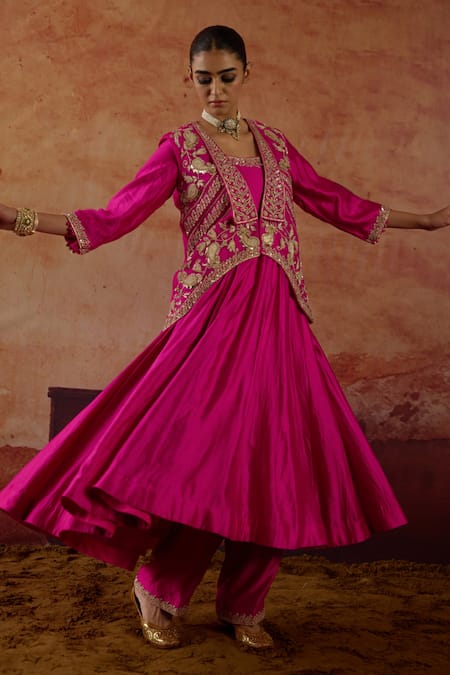 Vinita Bhansali Pink Organza, Embroidery, Zari Open Neck, Priyam Jacket Anarkali Set Online at Aza Fashions Vinita Bhansali_Pink Organza, Embroidery, Zari Open Neck, Priyam Jacket Anarkali Set _Online_at_Aza_Fashions