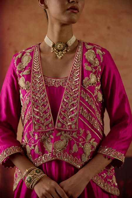 Shop Vinita Bhansali Pink Organza, Embroidery, Zari Open Neck, Priyam Jacket Anarkali Set Online at Aza Fashions Shop_Vinita Bhansali_Pink Organza, Embroidery, Zari Open Neck, Priyam Jacket Anarkali Set _Online_at_Aza_Fashions