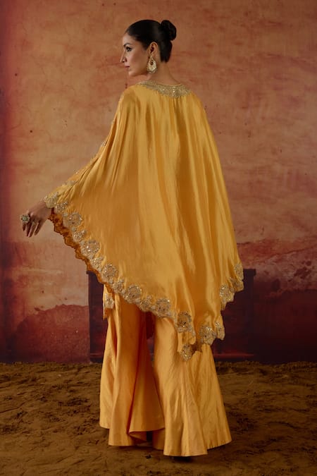 Shop Vinita Bhansali Yellow Silk V-neck Nayaab Marodi And Gota Embroidered Cape Set at Aza Fashions Shop_Vinita Bhansali_Yellow Silk V-neck Nayaab Marodi And Gota Embroidered Cape Set _at_Aza_Fashions