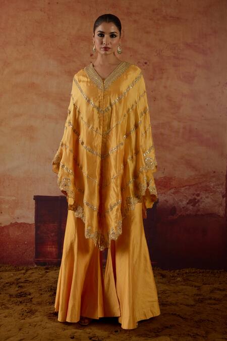 Vinita Bhansali Yellow Silk V-neck Nayaab Marodi And Gota Embroidered Cape Set Online at Aza Fashions Vinita Bhansali_Yellow Silk V-neck Nayaab Marodi And Gota Embroidered Cape Set _Online_at_Aza_Fashions