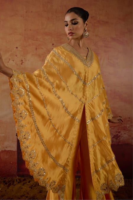 Buy Vinita Bhansali Yellow Silk V-neck Nayaab Marodi And Gota Embroidered Cape Set Online at Aza Fashions Buy_Vinita Bhansali_Yellow Silk V-neck Nayaab Marodi And Gota Embroidered Cape Set _Online_at_Aza_Fashions
