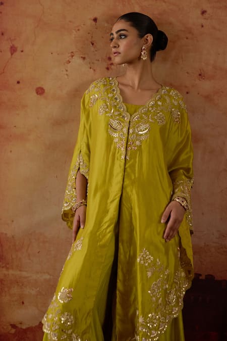 Buy Vinita Bhansali Green Silk V-, Round Maryam Embroidered Cape Sharara Set Online at Aza Fashions Buy_Vinita Bhansali_Green Silk V-, Round Maryam Embroidered Cape Sharara Set _Online_at_Aza_Fashions