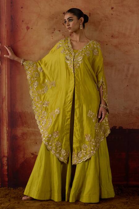 Shop Vinita Bhansali Green Silk V-, Round Maryam Embroidered Cape Sharara Set Online at Aza Fashions Shop_Vinita Bhansali_Green Silk V-, Round Maryam Embroidered Cape Sharara Set _Online_at_Aza_Fashions