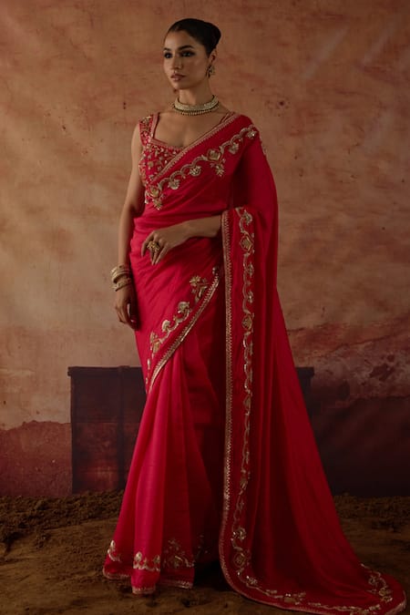 Vinita Bhansali Red Silk Sequins, Zari, Embroidery Square Neck Sahba Saree With Blouse Online at Aza Fashions Vinita Bhansali_Red Silk Sequins, Zari, Embroidery Square Neck Sahba Saree With Blouse _Online_at_Aza_Fashions