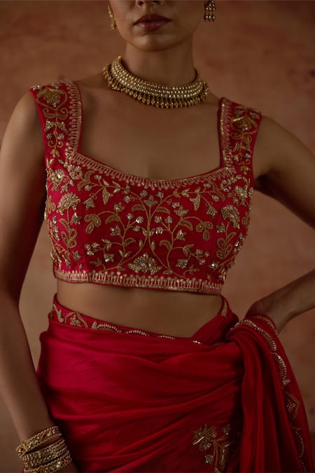 Shop Vinita Bhansali Red Silk Sequins, Zari, Embroidery Square Neck Sahba Saree With Blouse Online at Aza Fashions Shop_Vinita Bhansali_Red Silk Sequins, Zari, Embroidery Square Neck Sahba Saree With Blouse _Online_at_Aza_Fashions