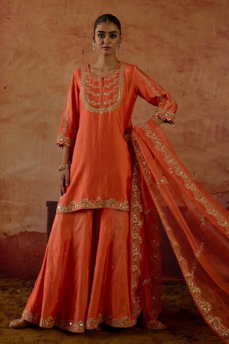 Vinita Bhansali Orange , Organza Embroidery, Mirrors, Zari, Parinaaz Kurta Sharara Set Online at Aza Fashions Vinita Bhansali_Orange , Organza Embroidery, Mirrors, Zari, Parinaaz Kurta Sharara Set _Online_at_Aza_Fashions