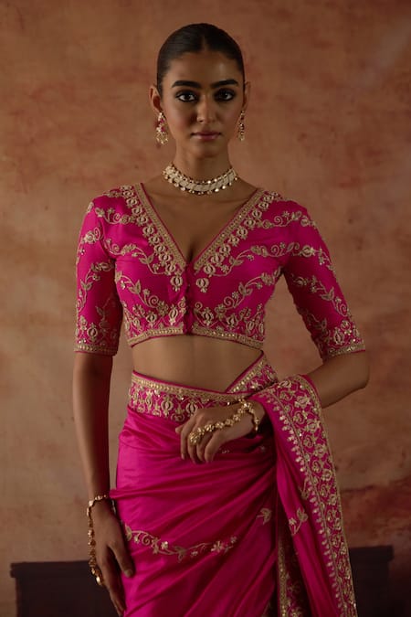 Vinita Bhansali_Pink Silk Embroidery, Zari, Metallic Thread V-neck Gulaban Saree With Blouse _Online_at_Aza_Fashions
