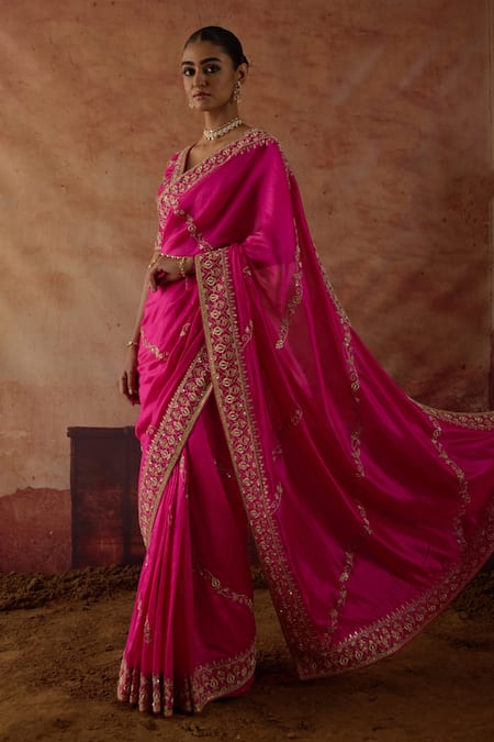 Shop_Vinita Bhansali_Pink Silk Embroidery, Zari, Metallic Thread V-neck Gulaban Saree With Blouse _Online_at_Aza_Fashions