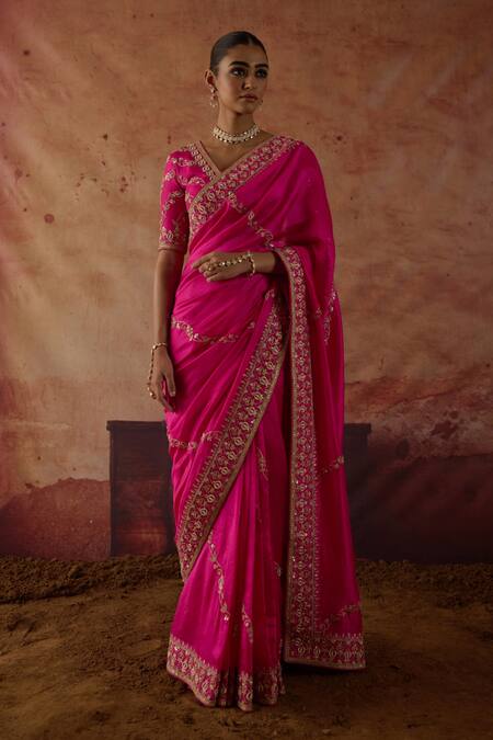 Vinita Bhansali_Pink Silk Embroidery, Zari, Metallic Thread V-neck Gulaban Saree With Blouse _at_Aza_Fashions
