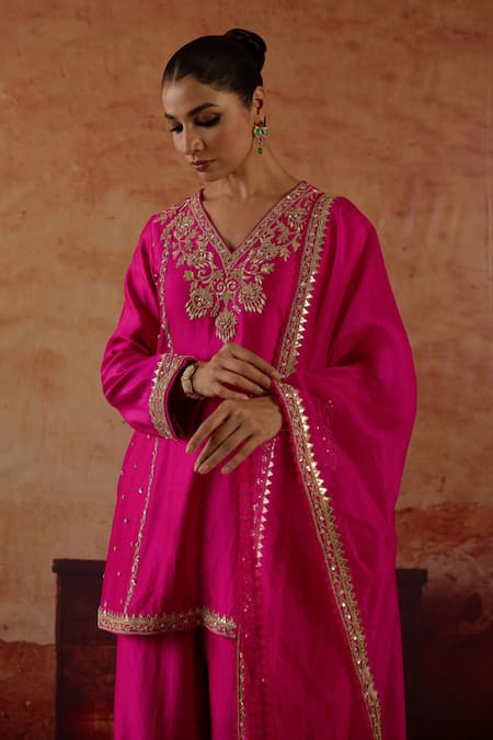 Vinita Bhansali_Pink , Organza Embroidery, Sequins, Gota Gulaban Kurta Sharara Set _Online_at_Aza_Fashions