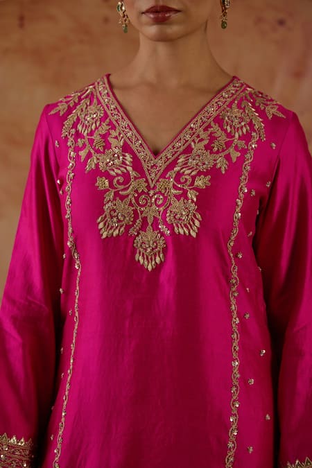 Buy_Vinita Bhansali_Pink , Organza Embroidery, Sequins, Gota Gulaban Kurta Sharara Set _Online_at_Aza_Fashions