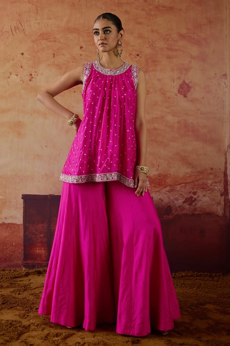 Vinita Bhansali Pink Silk Embroidery, Mirrors Round Neck Rosa Kurta And Palazzo Set 