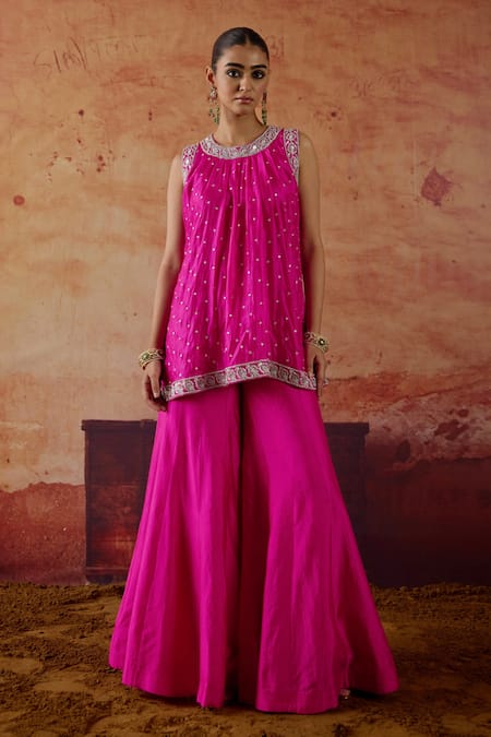 Buy Vinita Bhansali Pink Silk Embroidery, Mirrors Round Neck Rosa Kurta And Palazzo Set Online at Aza Fashions Buy_Vinita Bhansali_Pink Silk Embroidery, Mirrors Round Neck Rosa Kurta And Palazzo Set _Online_at_Aza_Fashions