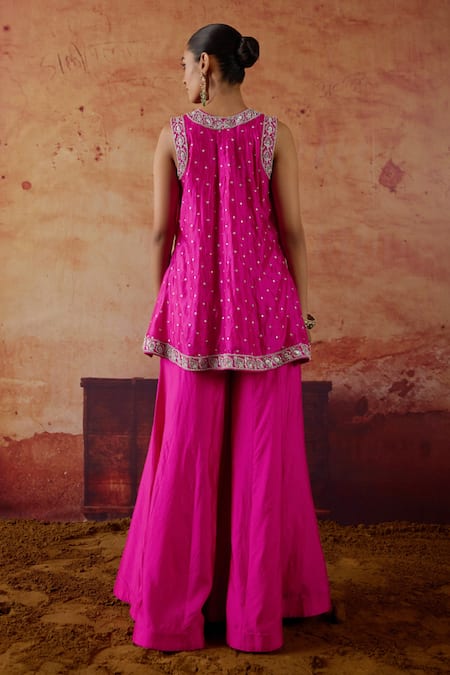 Shop Vinita Bhansali Pink Silk Embroidery, Mirrors Round Neck Rosa Kurta And Palazzo Set at Aza Fashions Shop_Vinita Bhansali_Pink Silk Embroidery, Mirrors Round Neck Rosa Kurta And Palazzo Set _at_Aza_Fashions