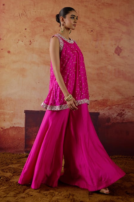 Shop Vinita Bhansali Pink Silk Embroidery, Mirrors Round Neck Rosa Kurta And Palazzo Set Online at Aza Fashions Shop_Vinita Bhansali_Pink Silk Embroidery, Mirrors Round Neck Rosa Kurta And Palazzo Set _Online_at_Aza_Fashions