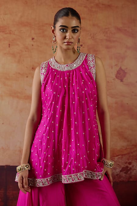 Vinita Bhansali Pink Silk Embroidery, Mirrors Round Neck Rosa Kurta And Palazzo Set at Aza Fashions Vinita Bhansali_Pink Silk Embroidery, Mirrors Round Neck Rosa Kurta And Palazzo Set _at_Aza_Fashions