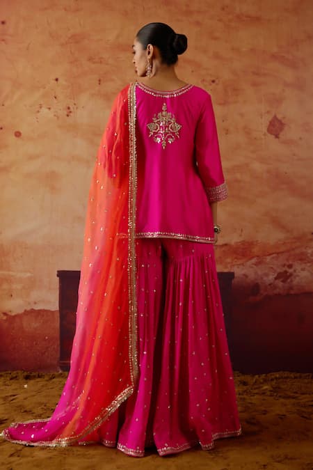 Shop Vinita Bhansali Pink , Organza Embroidery, Sequins, Gota Falguni Kurta Sharara Set at Aza Fashions Shop_Vinita Bhansali_Pink , Organza Embroidery, Sequins, Gota Falguni Kurta Sharara Set _at_Aza_Fashions