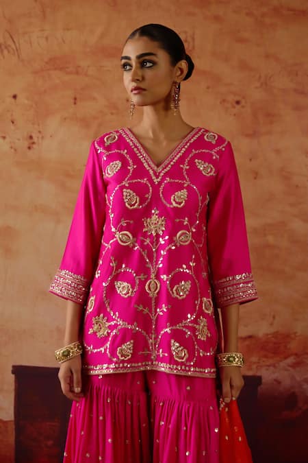 Vinita Bhansali Pink , Organza Embroidery, Sequins, Gota Falguni Kurta Sharara Set Online at Aza Fashions Vinita Bhansali_Pink , Organza Embroidery, Sequins, Gota Falguni Kurta Sharara Set _Online_at_Aza_Fashions