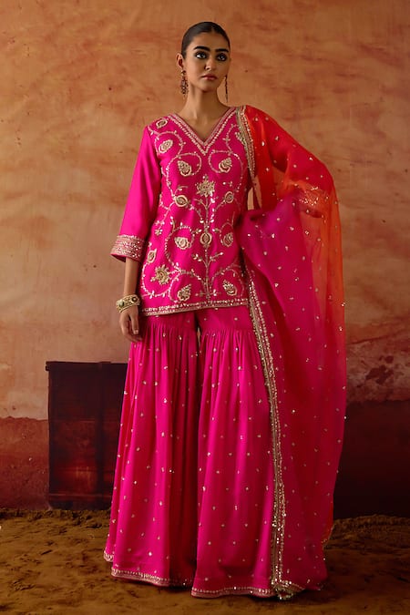 Vinita Bhansali Pink , Organza Embroidery, Sequins, Gota Falguni Kurta Sharara Set 