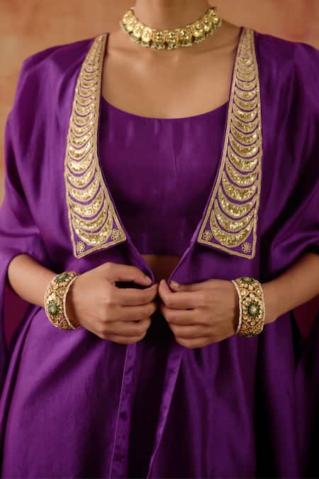 Vinita Bhansali Purple Silk Embroidery, Metallic Thread Open , Round Cape Sharara Set Online at Aza Fashions Vinita Bhansali_Purple Silk Embroidery, Metallic Thread Open , Round Cape Sharara Set _Online_at_Aza_Fashions