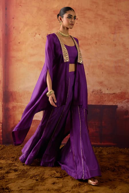 Buy Vinita Bhansali Purple Silk Embroidery, Metallic Thread Open , Round Cape Sharara Set Online at Aza Fashions Buy_Vinita Bhansali_Purple Silk Embroidery, Metallic Thread Open , Round Cape Sharara Set _Online_at_Aza_Fashions
