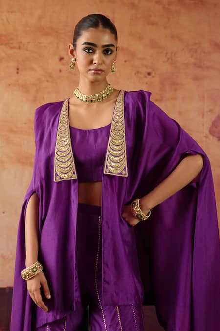 Shop Vinita Bhansali Purple Silk Embroidery, Metallic Thread Open , Round Cape Sharara Set Online at Aza Fashions Shop_Vinita Bhansali_Purple Silk Embroidery, Metallic Thread Open , Round Cape Sharara Set _Online_at_Aza_Fashions