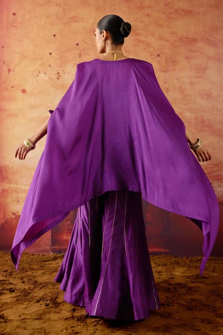 Shop Vinita Bhansali Purple Silk Embroidery, Metallic Thread Open , Round Cape Sharara Set at Aza Fashions Shop_Vinita Bhansali_Purple Silk Embroidery, Metallic Thread Open , Round Cape Sharara Set _at_Aza_Fashions