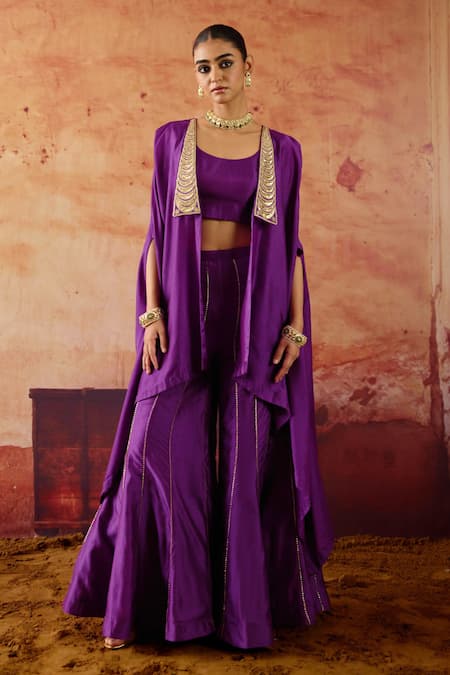 Vinita Bhansali Purple Silk Embroidery, Metallic Thread Open , Round Cape Sharara Set at Aza Fashions Vinita Bhansali_Purple Silk Embroidery, Metallic Thread Open , Round Cape Sharara Set _at_Aza_Fashions