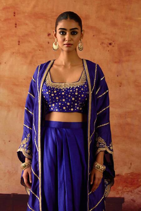 Vinita Bhansali Blue Silk Sequins, Beads Open Neck, Samara Embroidered Cape Draped Skirt Set Online at Aza Fashions Vinita Bhansali_Blue Silk Sequins, Beads Open Neck, Samara Embroidered Cape Draped Skirt Set _Online_at_Aza_Fashions