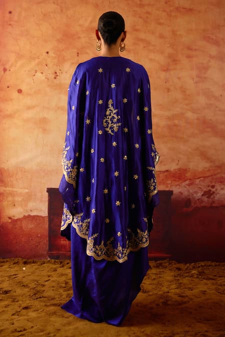 Shop Vinita Bhansali Blue Silk Sequins, Beads Open Neck, Samara Embroidered Cape Draped Skirt Set at Aza Fashions Shop_Vinita Bhansali_Blue Silk Sequins, Beads Open Neck, Samara Embroidered Cape Draped Skirt Set _at_Aza_Fashions