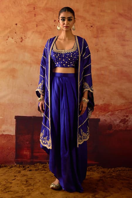 Buy Vinita Bhansali Blue Silk Sequins, Beads Open Neck, Samara Embroidered Cape Draped Skirt Set Online at Aza Fashions Buy_Vinita Bhansali_Blue Silk Sequins, Beads Open Neck, Samara Embroidered Cape Draped Skirt Set _Online_at_Aza_Fashions