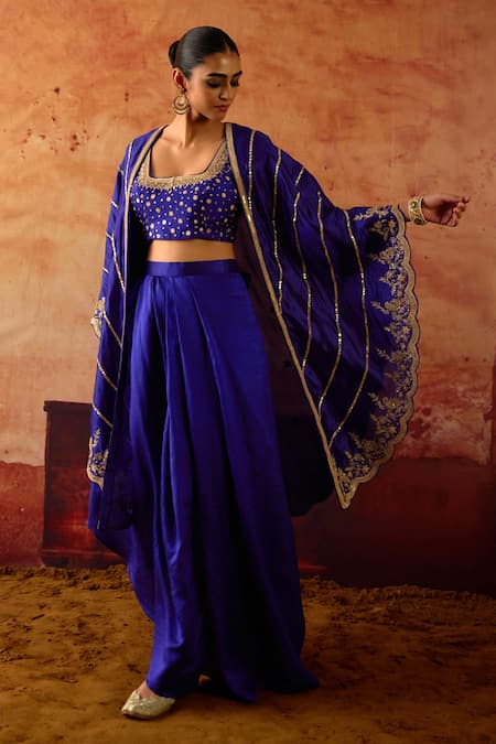 Shop Vinita Bhansali Blue Silk Sequins, Beads Open Neck, Samara Embroidered Cape Draped Skirt Set Online at Aza Fashions Shop_Vinita Bhansali_Blue Silk Sequins, Beads Open Neck, Samara Embroidered Cape Draped Skirt Set _Online_at_Aza_Fashions