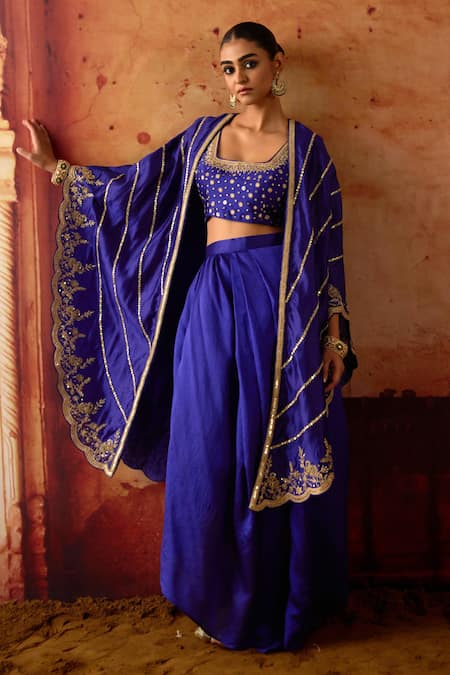Vinita Bhansali Blue Silk Sequins, Beads Open Neck, Samara Embroidered Cape Draped Skirt Set 