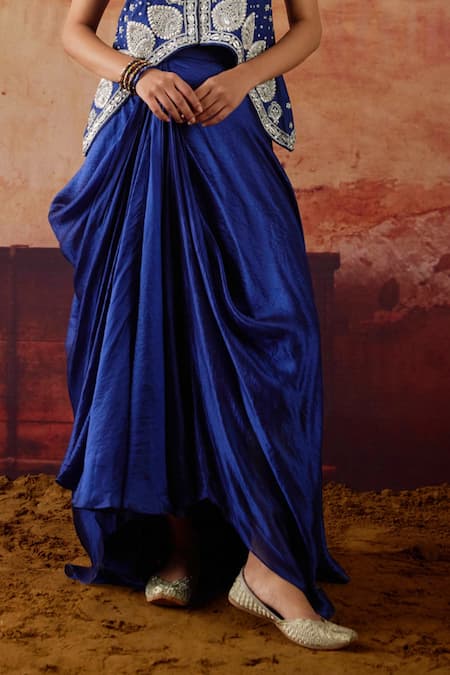 Vinita Bhansali Blue Silk Embroidery, Stones V-neck Samara Waistcoat And Draped Skirt Set Online at Aza Fashions Vinita Bhansali_Blue Silk Embroidery, Stones V-neck Samara Waistcoat And Draped Skirt Set _Online_at_Aza_Fashions