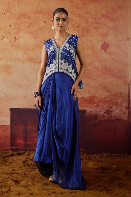 Shop Vinita Bhansali Blue Silk Embroidery, Stones V-neck Samara Waistcoat And Draped Skirt Set at Aza Fashions Shop_Vinita Bhansali_Blue Silk Embroidery, Stones V-neck Samara Waistcoat And Draped Skirt Set _at_Aza_Fashions